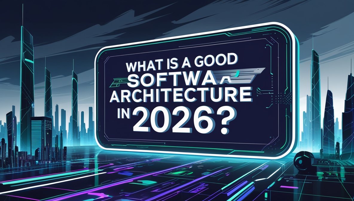 Futuristic digital illustration of a high-tech city skyline with neon lights and a glowing holographic display showing the question ‘What is a good software architecture in 2026?’ representing the future of technology, AI-driven development, and modern software architecture trends.