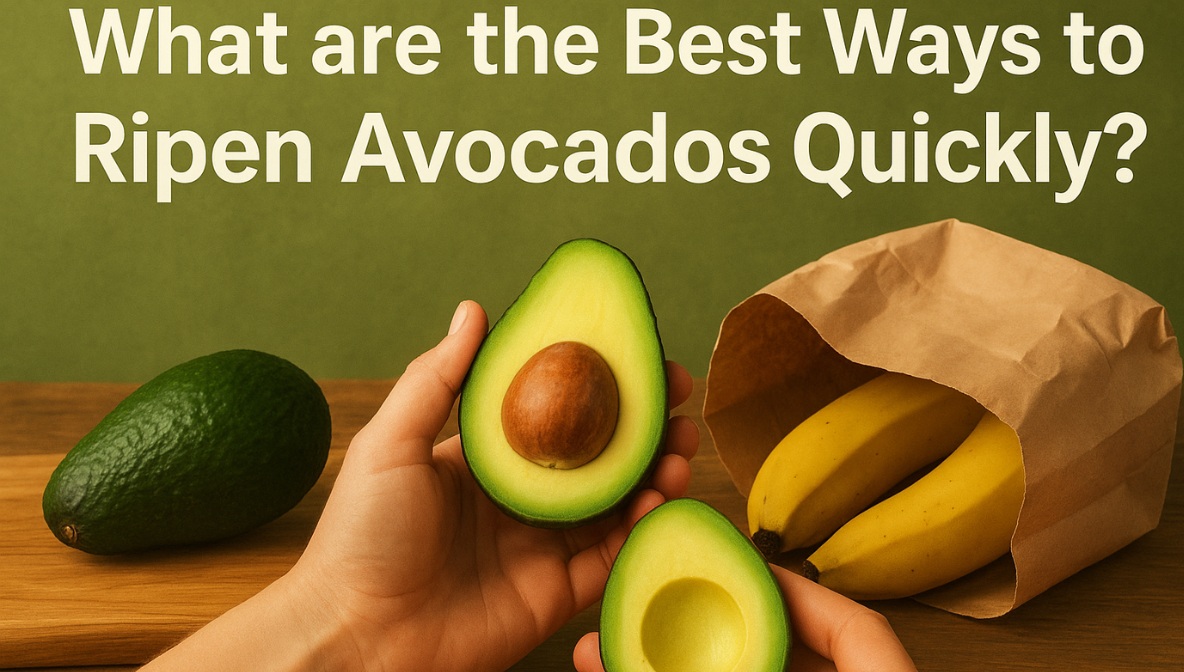 A pair of hands holding a freshly cut ripe avocado on a wooden surface, with a whole avocado, a paper bag filled with bananas, and the text ‘What are the Best Ways to Ripen Avocados Quickly?’ in the background — illustrating natural avocado-ripening methods.