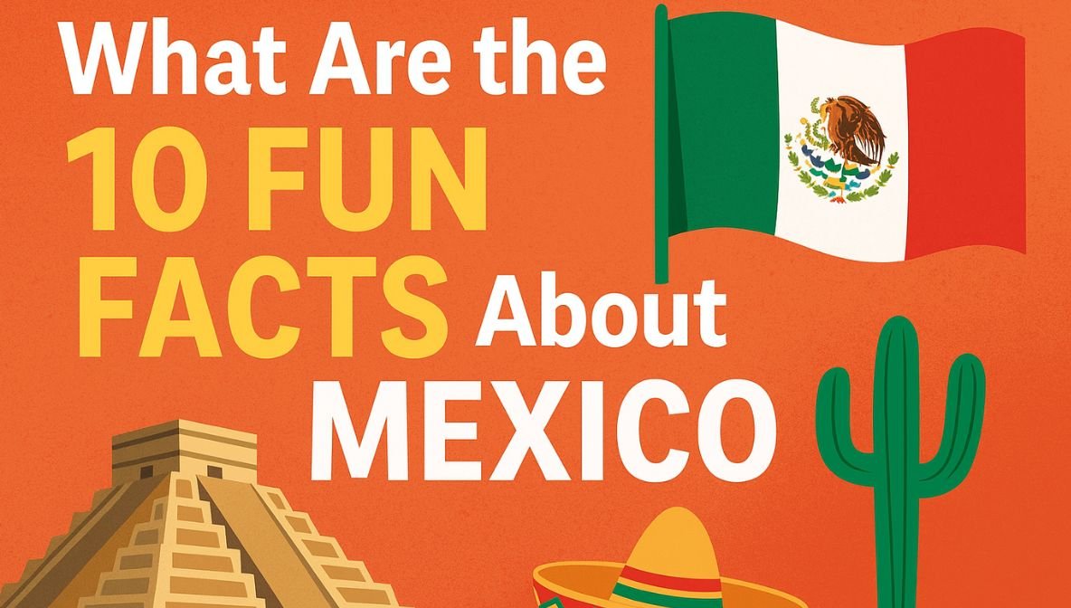 Graphic showing the title “What Are the 10 Fun Facts About Mexico?” with the Mexican flag, Chichen Itza pyramid, cactus, and sombrero representing Mexico’s culture.