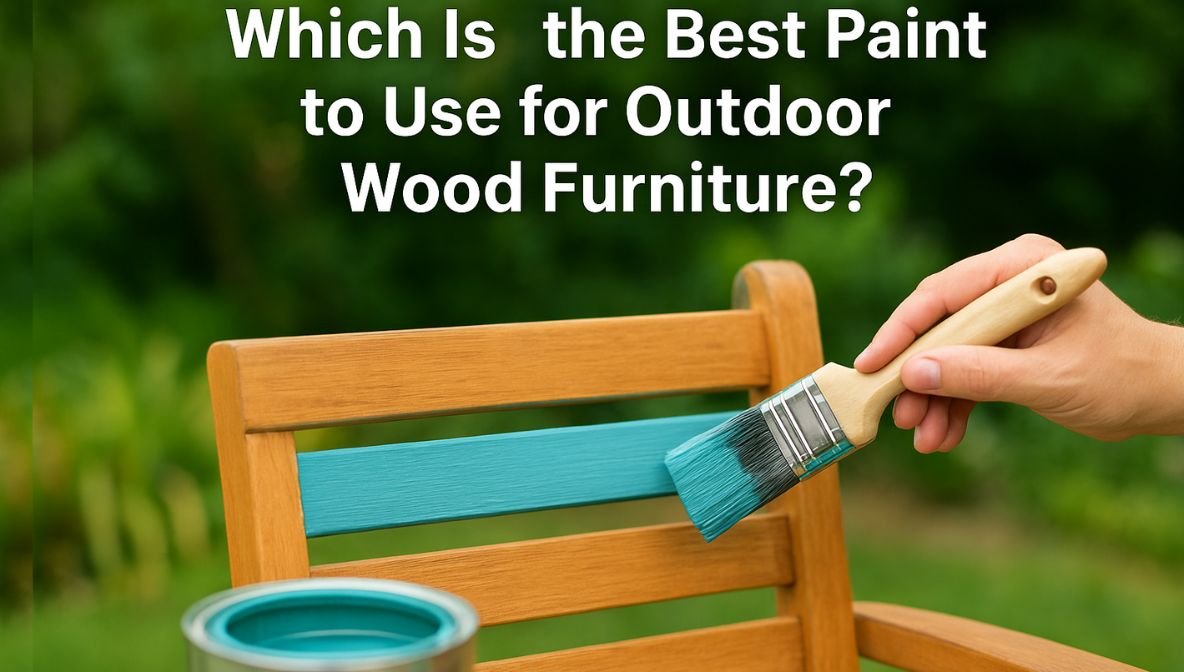 A person painting outdoor wooden furniture with turquoise paint on a garden chair, illustrating the topic “Which Is the Best Paint to Use for Outdoor Wood Furniture?” for a home improvement article.