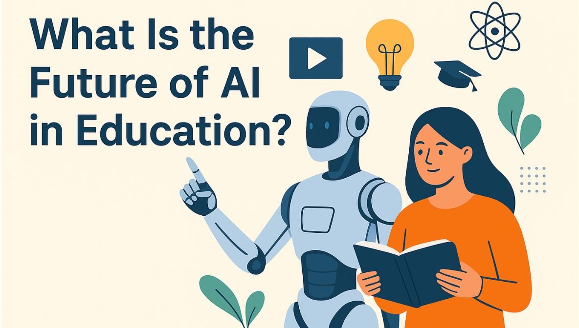 Digital illustration showing the future of AI in education with students and teachers using smart learning tools, AI-powered classrooms, and virtual learning systems.