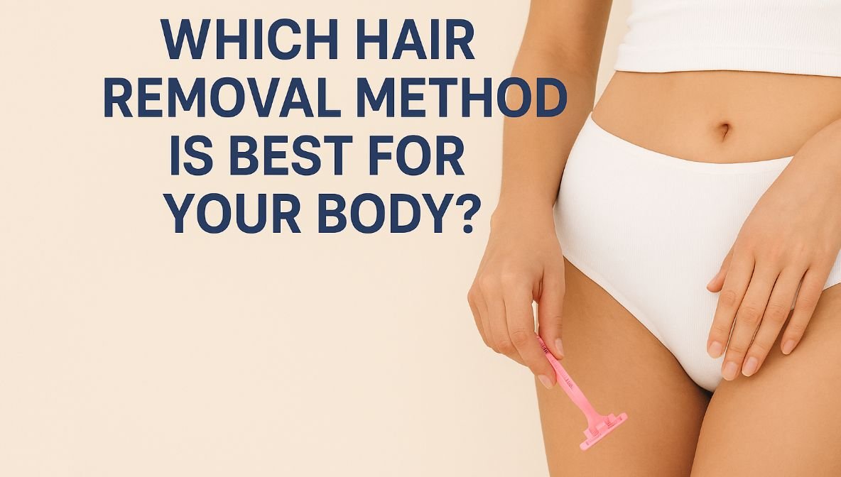 Featured image showing a woman holding a pink razor near her thigh, illustrating the topic ‘Which Hair Removal Method Is Best for Your Body?’ with clear, minimal design for a body-care guide.