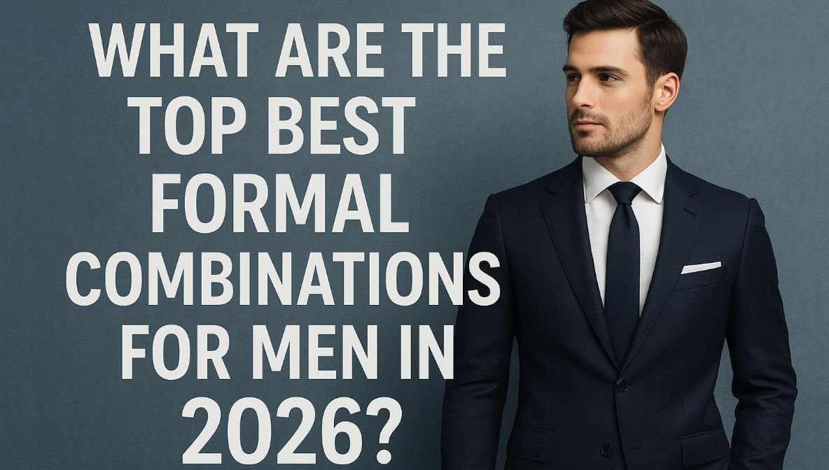 A well-dressed man in a navy blue suit, white shirt, and dark tie standing confidently beside bold text that reads ‘What Are the Top Best Formal Combinations for Men in 2026?’ — representing modern men’s fashion trends and stylish formal outfit ideas for 2026.