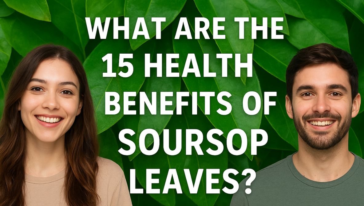 Smiling man and woman standing against a background of fresh green soursop leaves, representing a natural health concept for the topic ‘What Are the 15 Health Benefits of Soursop Leaves?’ showcasing wellness, herbal remedies, and plant-based healing.