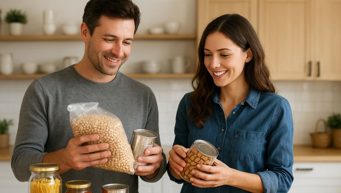 A couple in a modern kitchen organizing non-perishable foods such as canned goods, dried beans, pasta, and pantry staples, demonstrating long-shelf-life emergency food storage.