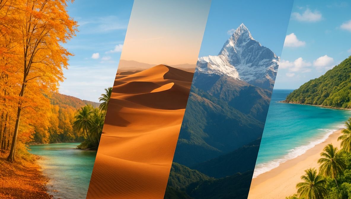 Landscape collage showing top travel destinations to visit in October, featuring autumn forests with golden leaves, warm desert sand dunes, snow-capped Himalayan mountains, and a tropical beach with turquoise water and palm trees — highlighting diverse global climates ideal for October travel.