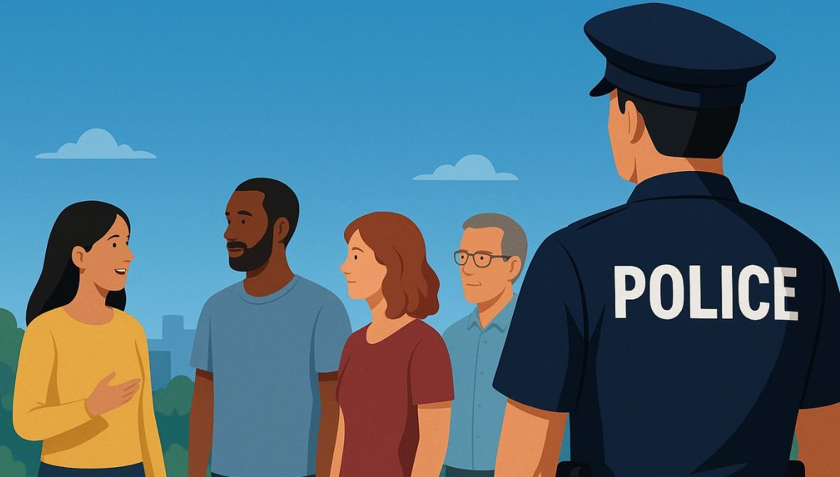 A horizontal illustration showing a police officer engaging with a diverse group of community members outdoors, representing the purpose of the Community Safety Education Act in 2026—promoting safer interactions, community trust, transparency, and public education.