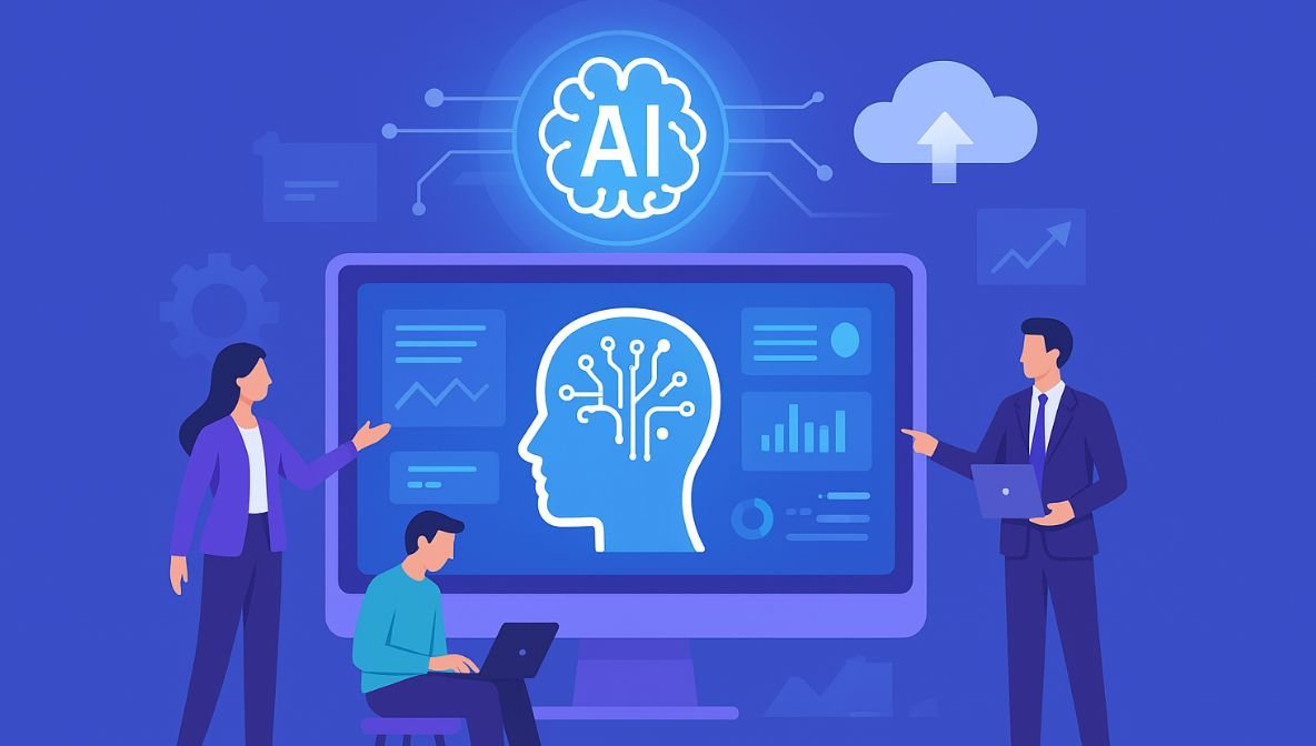 Modern illustration of AI software development showing machine learning, data analytics, and intelligent digital product design with developers collaborating around an AI-powered system interface.