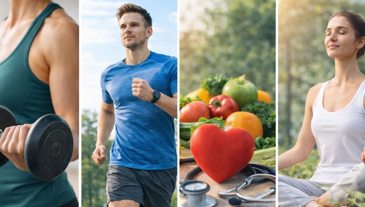 Collage showing strength training with dumbbells, outdoor running, heart-healthy fruits and vegetables, and mindfulness meditation, representing exercise principles for long-term fitness and overall health.