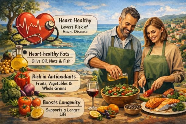 Mediterranean diet lifestyle showing a couple preparing fresh salad with olive oil, vegetables, fish, nuts, and whole foods by a coastal setting, highlighting heart-healthy fats, antioxidants, and cardiovascular wellness.