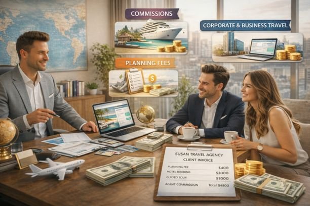 A modern travel agent consulting with a couple at a desk, showing travel bookings on a laptop, printed itineraries, and an invoice. Visual elements highlight how travel agents earn money through commissions, planning fees, and corporate travel services, representing travel advisor payment models in 2026.