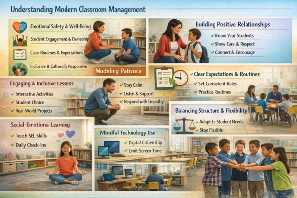 Modern classroom management environment showing real teachers interacting calmly with students, building positive relationships, practicing patience, social-emotional learning, clear routines, inclusive group activities, and mindful technology use to support effective classroom management strategies for 2026.