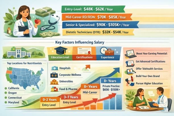 Horizontal infographic showing nutritionist salary ranges in 2026, including entry-level earnings of $48,000–$62,000, mid-career registered dietitian salaries of $70,000–$85,000, senior and specialized dietitian pay over $105,000, and dietetic technician income. The image highlights key salary factors such as education, certifications, experience, top-paying states, hospitals, corporate wellness roles, private practice growth, and career progression in nutrition and dietetics.