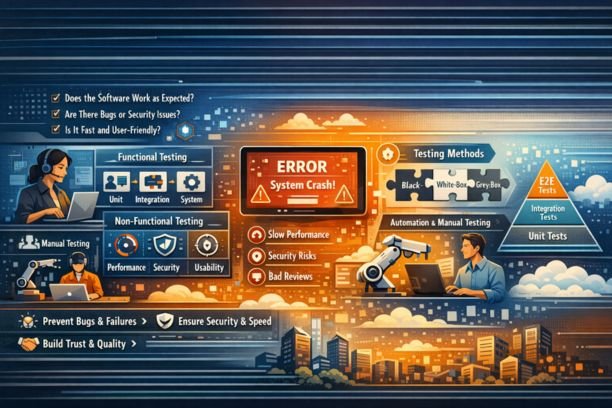 Horizontal infographic showing software testing basics for 2026, including manual and automated testing, functional and non-functional testing, test automation pyramid, performance, security, and quality assurance concepts in modern software development.