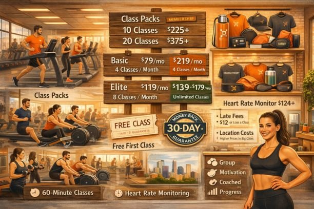 Humanized Orangetheory Fitness studio interior showing real people working out on treadmills, rowing machines, and strength training areas. The horizontal image highlights Orangetheory pricing details, including class packs, Basic, Elite, and Premier membership costs, heart rate monitor pricing, and free first class offer. Warm, realistic gym environment with group workouts, coached training, and heart-rate-based fitness experience.