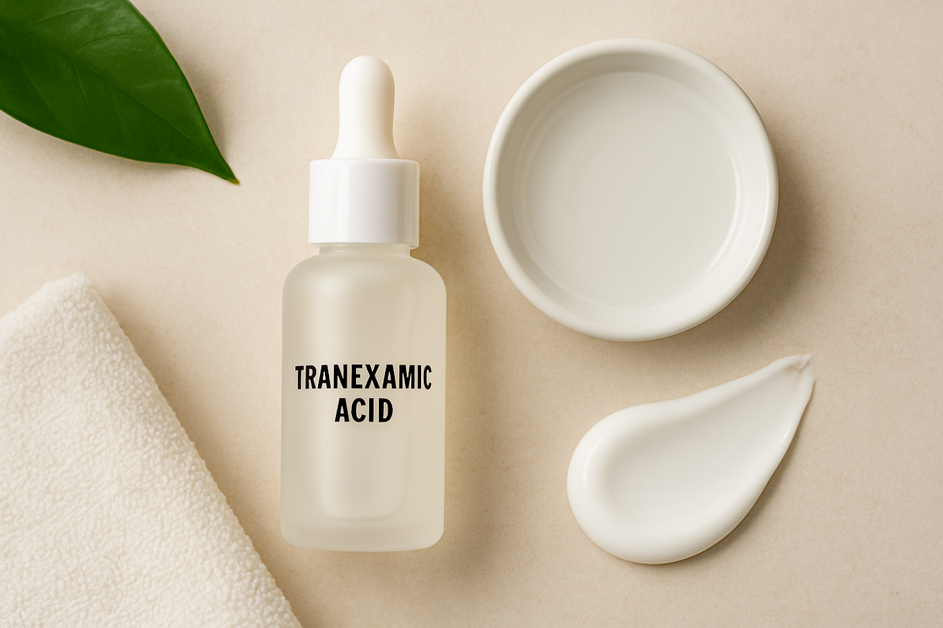 Flatlay of a tranexamic acid serum bottle with dropper, white ceramic dish, moisturizing cream swatch, soft towel, and green leaf on a neutral background—skincare product setup highlighting brightening and hyperpigmentation-treating ingredients.