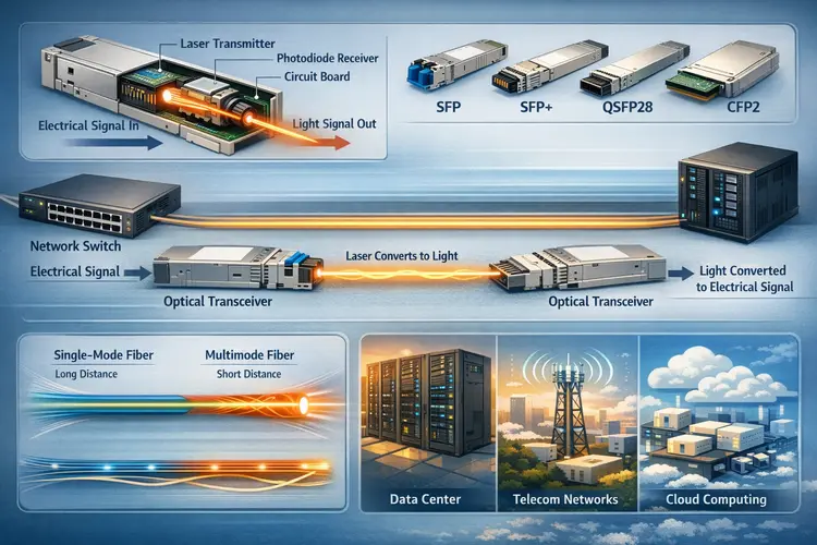 Diagram showing an optical transceiver converting electrical signals to light for fiber-optic communication, with common module types and network use cases.