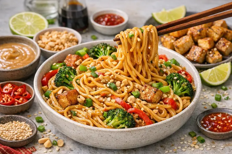 Creamy peanut sauce noodles with vegetables and crispy tofu in a bowl.