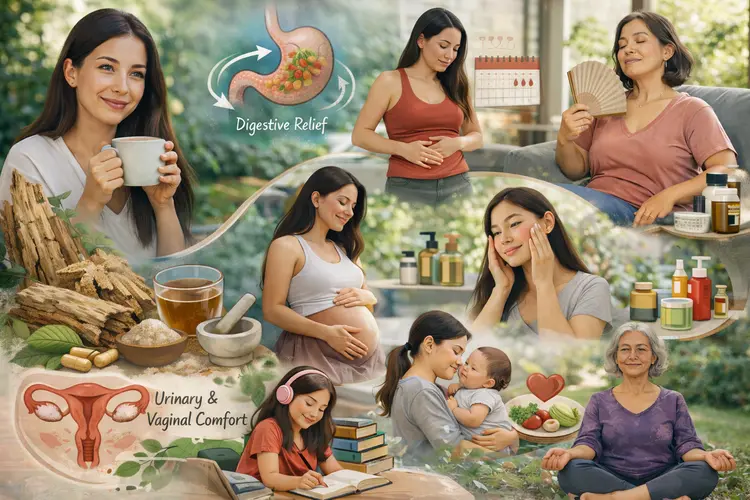 Photo collage of women using slippery elm for digestive health, skin care, menstrual comfort, pregnancy support, and menopause wellness.