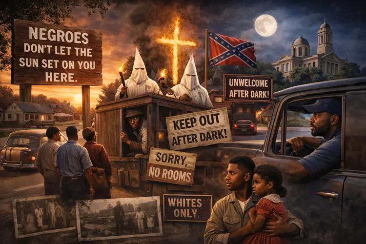 Historical scene depicting sundown towns in Texas, with warning signs, African American travelers, and a tense atmosphere as day turns to night.