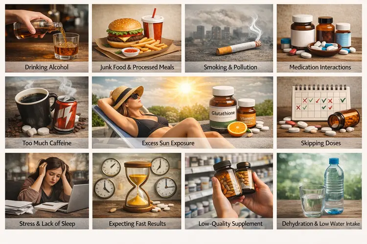 Real-life images showing common mistakes to avoid while taking glutathione.