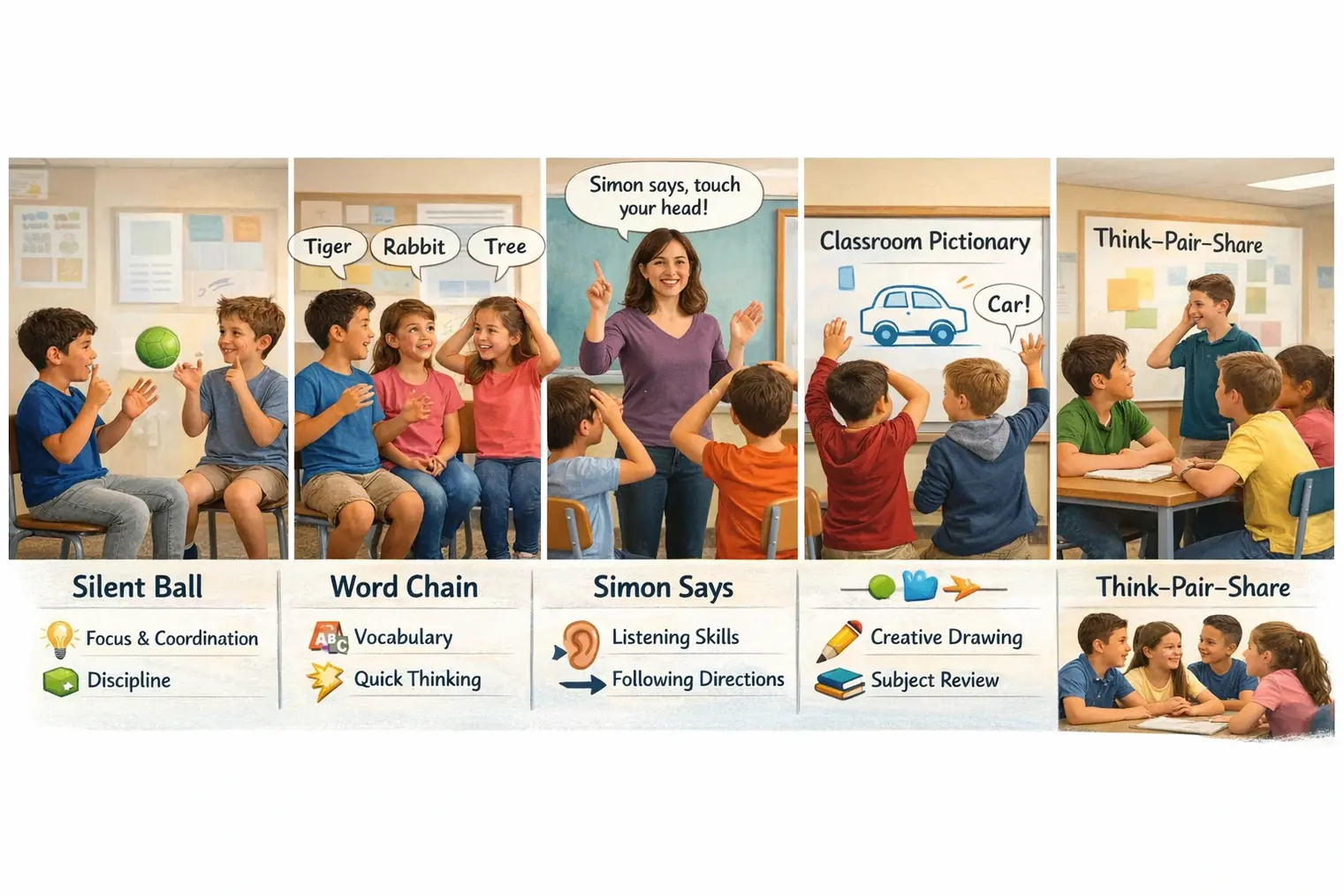 Real classroom photo showing students playing simple indoor classroom games like Silent Ball, Word Chain, Simon Says, Classroom Pictionary, and Think-Pair-Share, helping improve focus, teamwork, listening skills, and active learning inside the classroom.