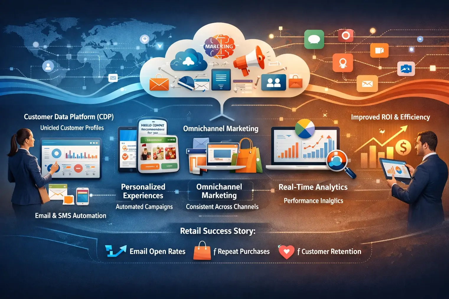 infographic illustrating how marketing cloud software creates a digital advantage, showing unified customer data, marketing automation, personalized experiences, omnichannel marketing, real-time analytics, and improved ROI with real business users analyzing dashboards across digital channels.