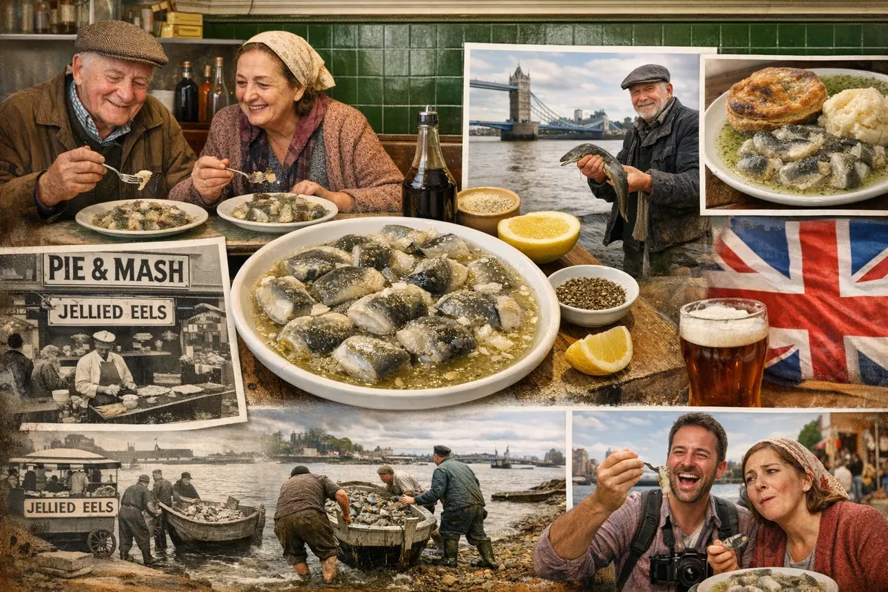 Eating jellied eels in a traditional London pie and mash shop, with locals and tourists enjoying this historic British dish near the River Thames, showing why eating jellied eels remains an iconic part of British food culture.