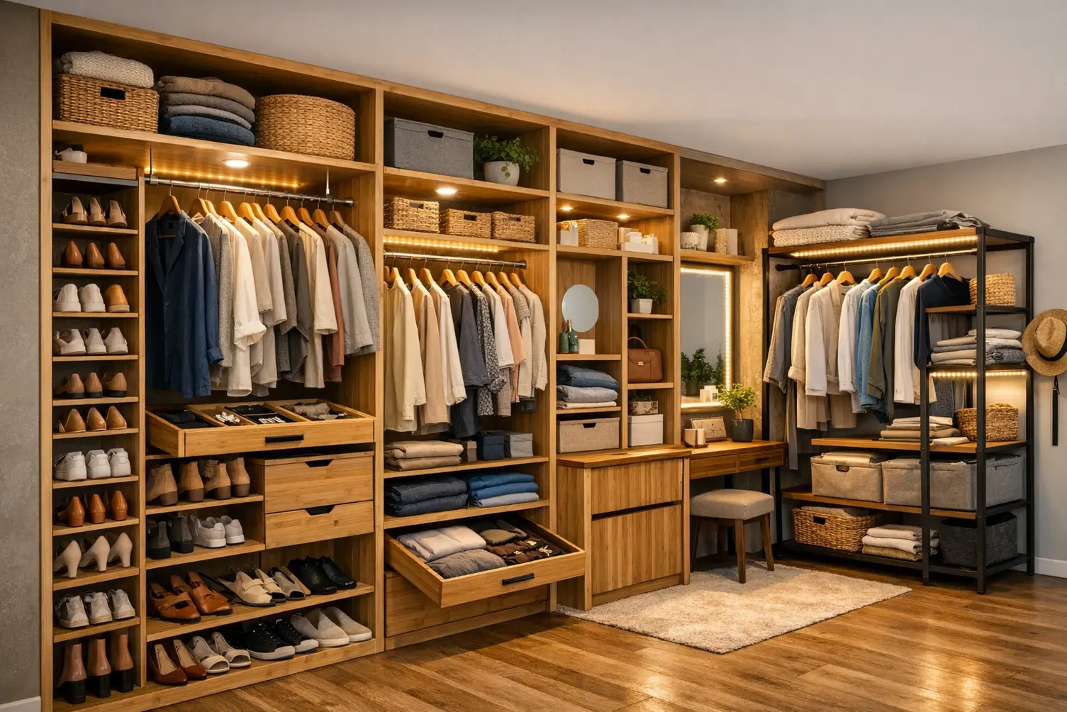 Horizontal image of a modern DIY closet organizer designed for 2026, featuring bamboo and reclaimed wood shelves, neatly arranged hanging clothes, shoe racks, modular drawers, and warm LED lighting, showcasing a stylish and functional DIY closet system for organized living.