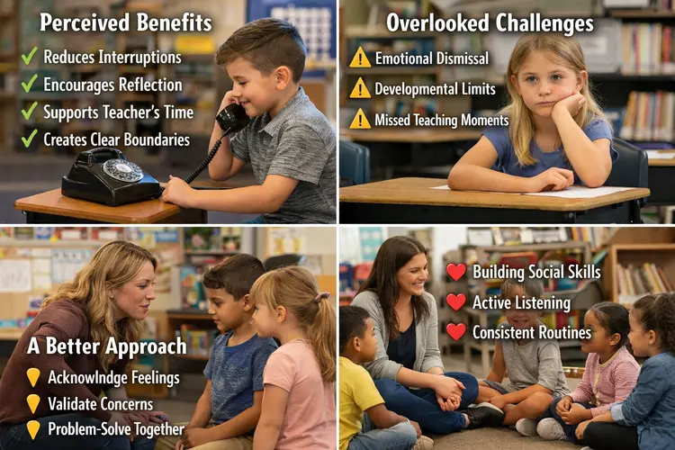 Classroom with children using a tattle phone, showing benefits, challenges, and teacher-guided problem-solving to build social skills.