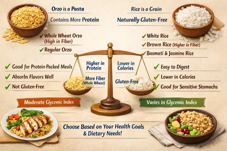 Orzo vs rice nutrition comparison infographic showing protein, fiber, calories, and gluten-free differences.
