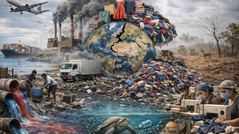 Polluted rivers, clothing waste, smoke, and workers show fast fashion’s environmental and human impact.