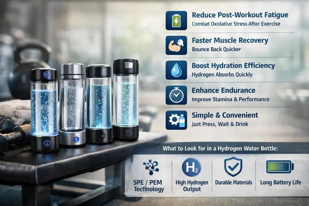 Illustration of top 5 hydrogen water bottles for fitness with benefits like recovery, hydration, and endurance.