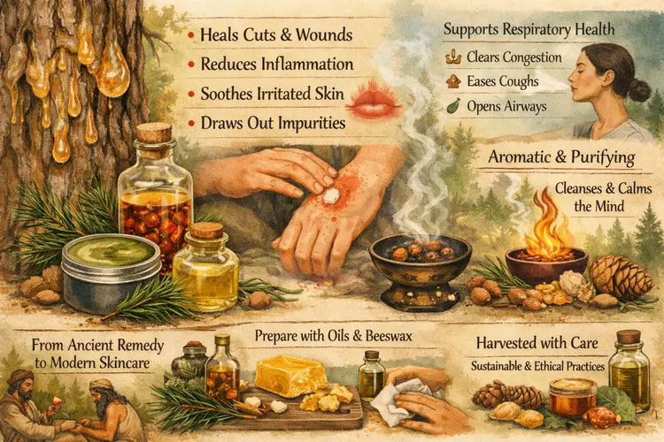 Pine resin skincare illustration showing resin on a tree, healing salve, skin application, and incense for wellness.